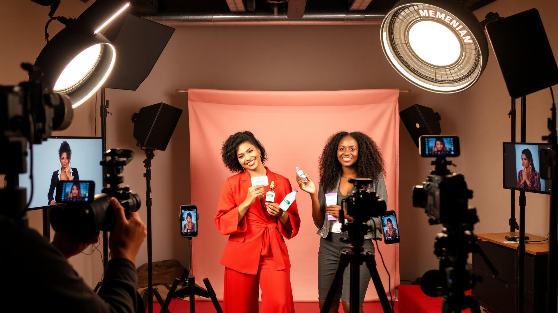 Mulheres apresentando produtos em um estúdio de live commerce